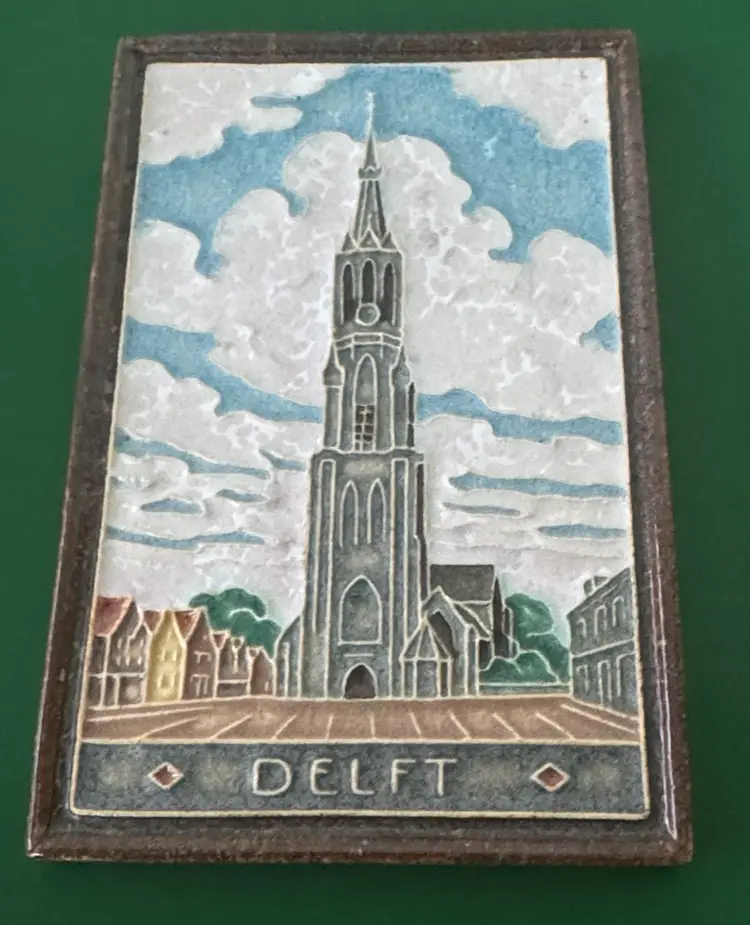 Royal Delft cloisonné tile of Nieuwe Kerk (New Church) in Delft, Netherlands