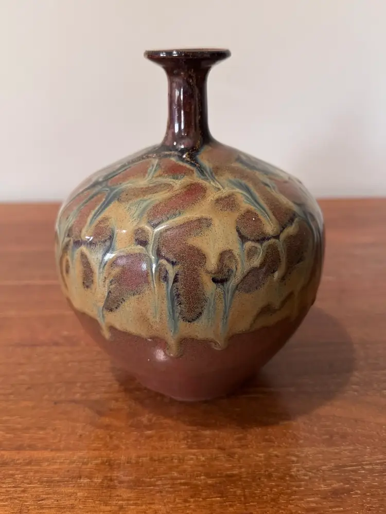 Japanese Style Studio Art Pottery Drip Glaze American Shino Vase, Mid-Century Modern Artisan Decor