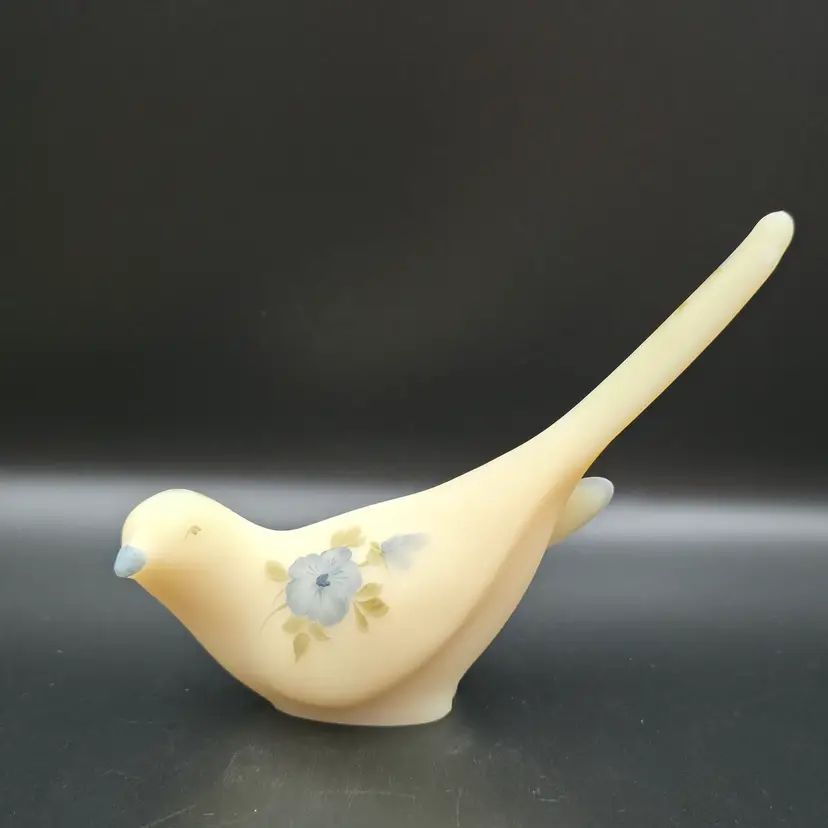 Vintage Fenton Happiness Bird Blue Dogwood on Cameo Satin Signed