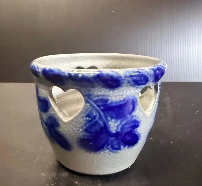 Candle Holder-1995 Eldreth Pottery Salt Glaze Gray & Blue With Cut Out Hearts 4”