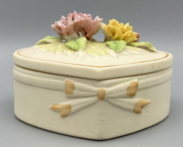 Vintage Capodimonte Bisque Porcelain Heart Shaped Trinket Dish / Box with Flowers