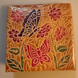 Vintage Butterflies Hand Tooled Leather Snap Close Square Coin Purse 2.5”x 2.5”