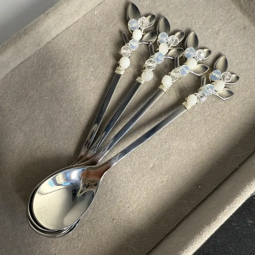 White Opalescent Beads Spoons Hand Decorated By Me