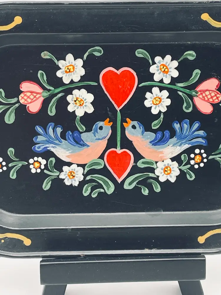 Vintage, Hand Painted, Small Metal Tray, Lovebirds with Florals/Hearts, 5” x 7”, Signed