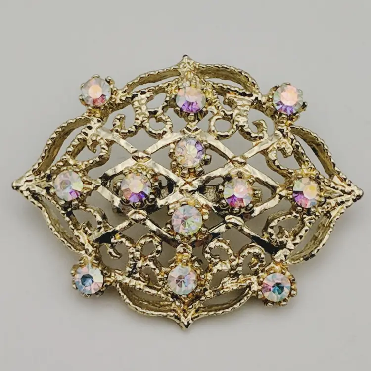 AB Aurora Borealis Gold tone Filigree Snowflake Vtg MCM Pin Brooch Estate Glam