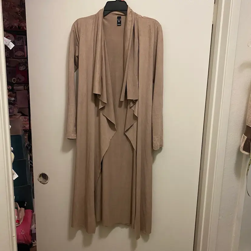 Windsor Womens Tan Beige Faux Suese Thin Long Cardigan Sweater With Belt S Small