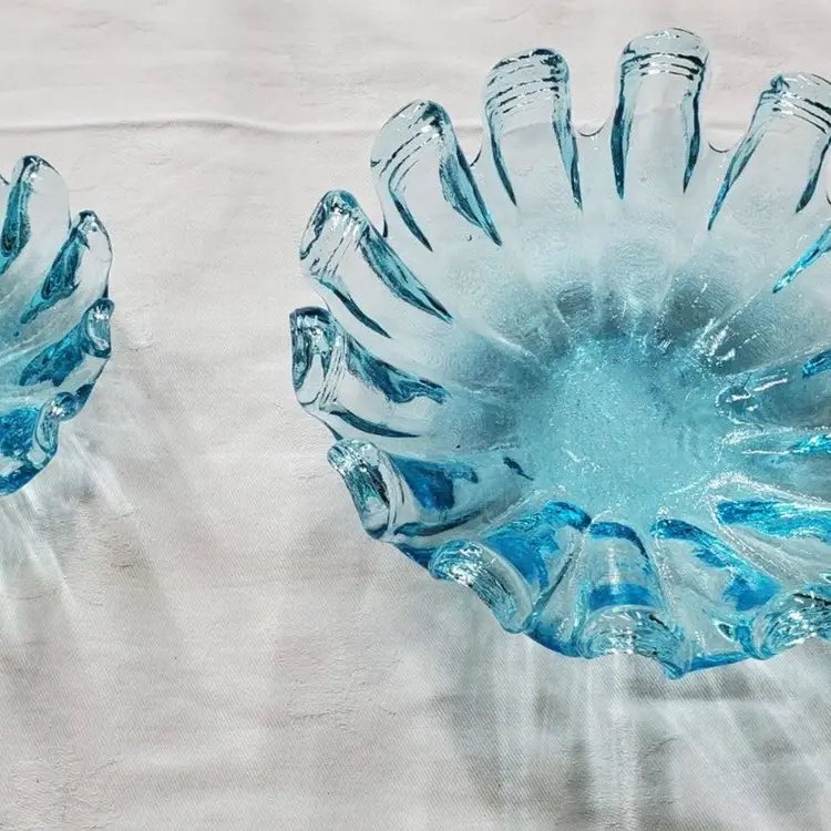 Vintage Hand Blown Aqua Blue 14 Finger Glass Trinket Candy Dish 6" & 8" Set of 2