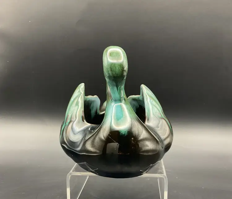 Vtg Blue Mountain Pottery Ceramic Swan Planter Vase Blue Green Drip Glaze Canada