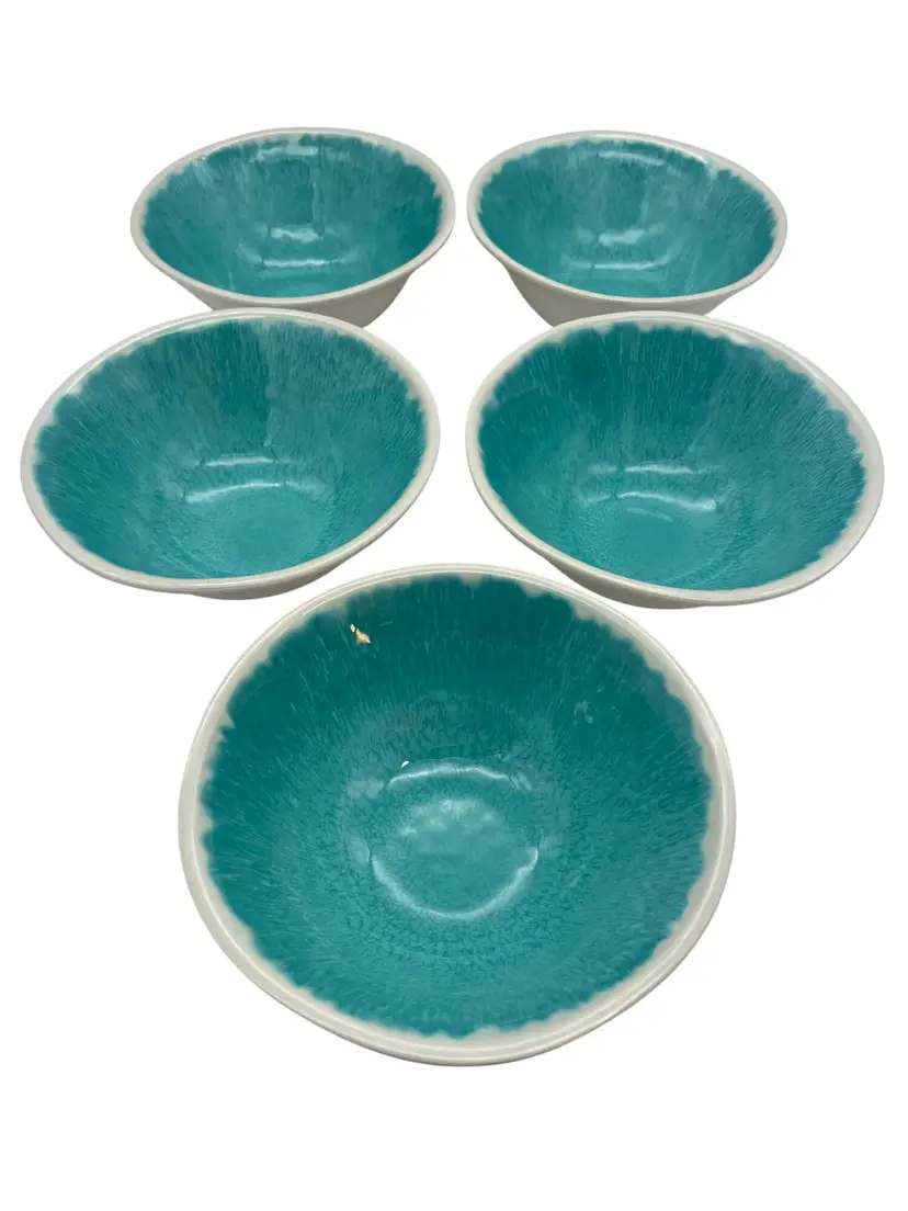 Set Of 5 Melamine Bowls 6.75" Diameter Aqua Interior White Exterior Unbranded