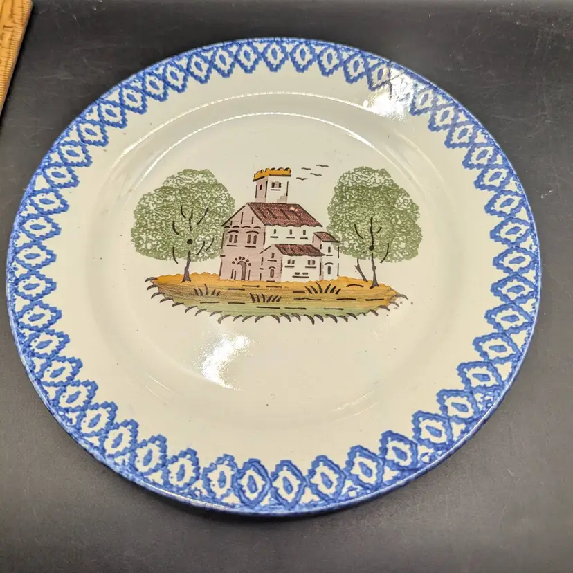 Antique St Clemente France Faience Pottery 8" Luncheon Plate Chateau Scene Provincial