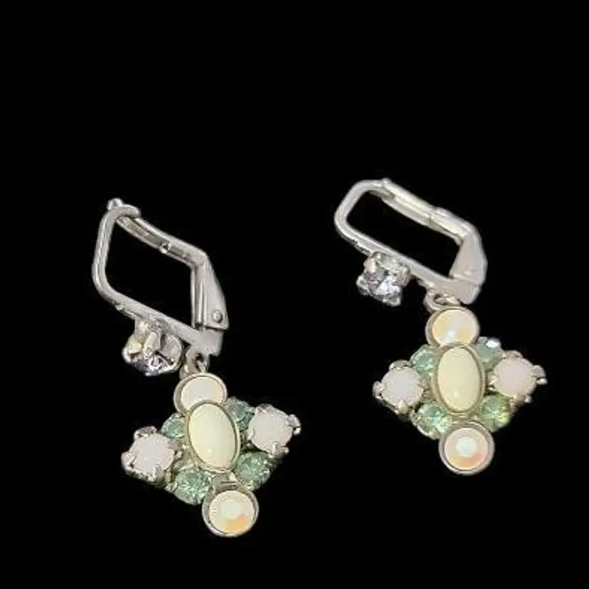 Vintage Sorrelli White Jade Crystal Aurora Borealis Dangle Earrings Cross Multicolored Rhinestones Leaverback