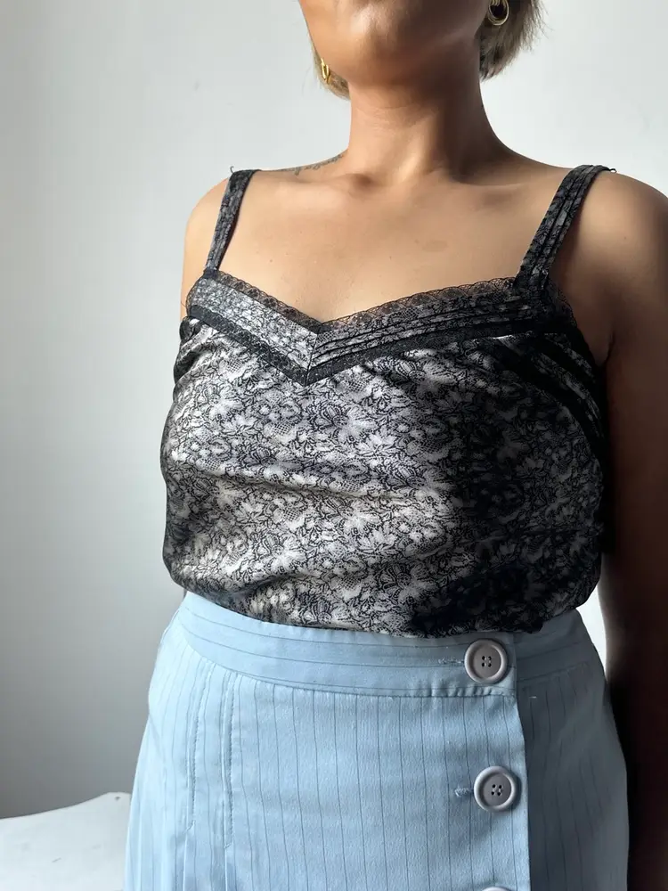SILVER FLORAL SILK TANK TOP