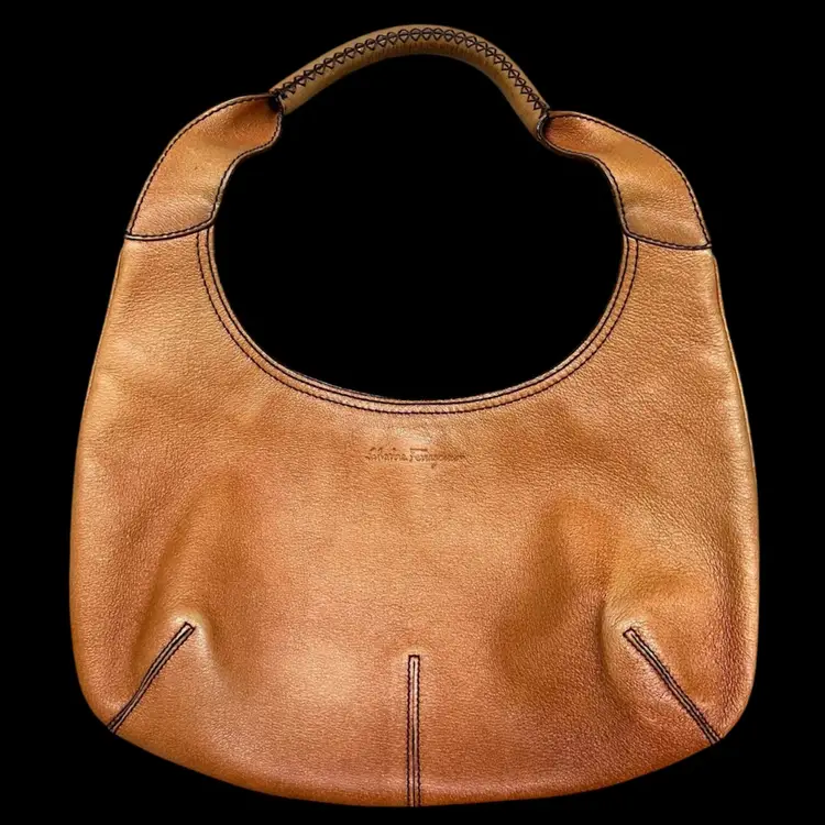 Salvatore Ferragamo Vintage Leather Purse Made In Italy, Vintage Salvatore Ferragamo Tan Leather Hobo Shoulder Bag, Salvatore Ferragamo Leather Handbag Tan With Dark Brown Stitching
