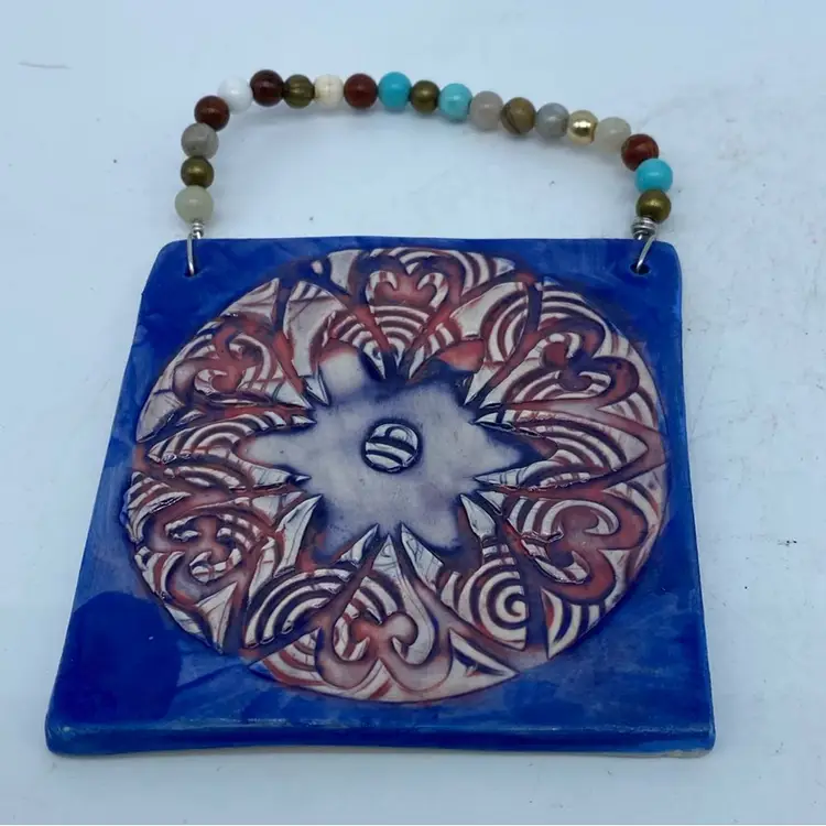 Two Handmade ceramic tile wall hanging with beaded hanger Signed DG