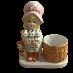 Cute Vintage Little Girl With Kittens Toothpick/Candleholder