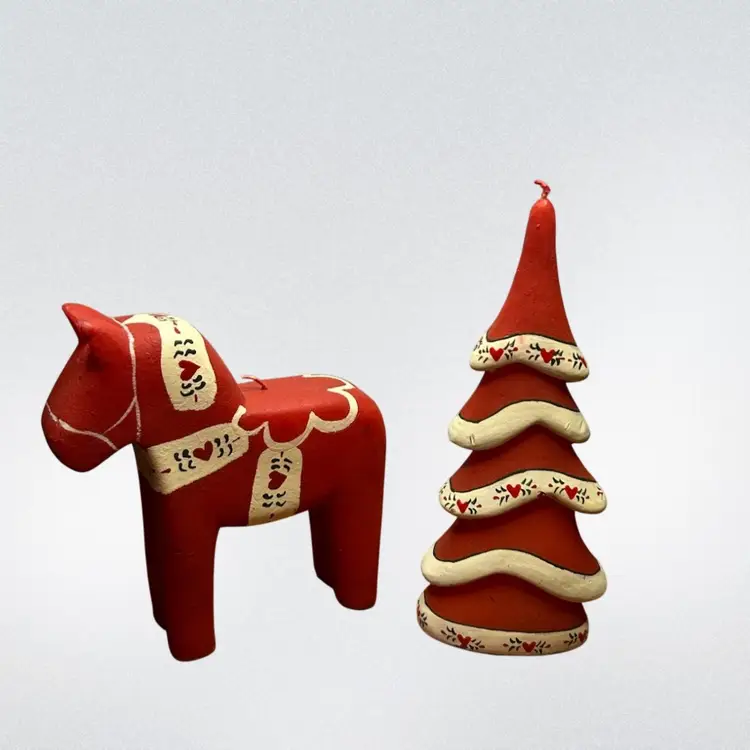 Set Of 2 Swedish Wax Candle Dala Style Hand painted Horse @ 6x5 1/2 And Christmas Tree @8x3