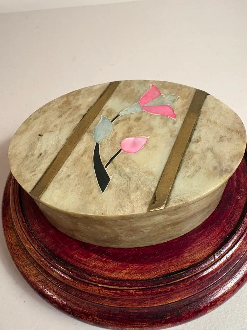 Marble Rose Mother of Pearl Abalone Brass Inlay Oval Trinket Keepsake Box