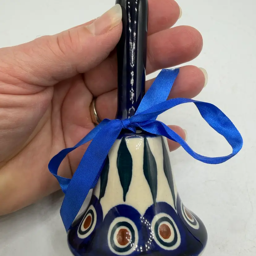 Boleslawiec Polish Pottery Blue Peacock Pattern Bell 4.5 inches Tall