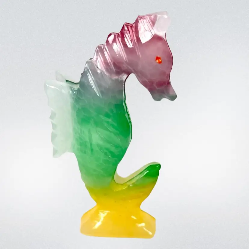 4-1/4” Seahorse Carved Stone Figurine.  Pink, Green, Yellow With Painted Eyes.