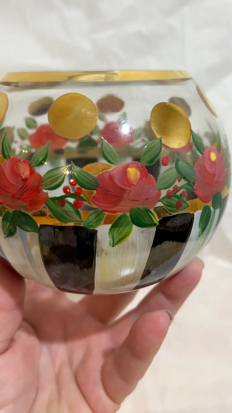 MacKenzie-Childs Glass Bowl Courtly Stripe Circus Handpainted 22k Gold Luster