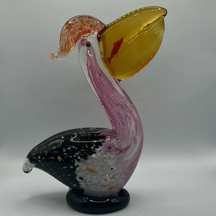 Art Glass Pelican With Fish Paperweight