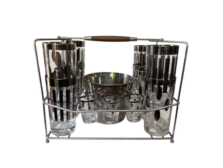 MCM Dorothy Thorpe Style Silver Stripe | Dot | Fade Mercury Bar Set in Caddy. 14 Pc Set. 6 Highball Tumblers, 6 Shot Glasses, Ice Bucket