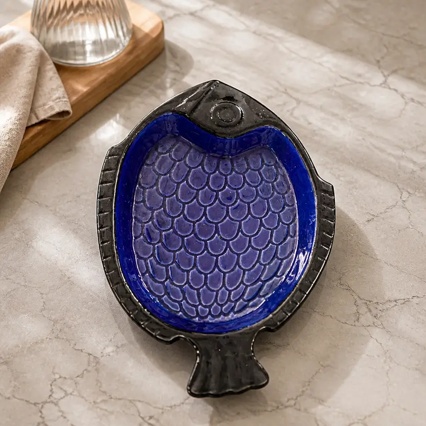 Gabriel Sweden Cobalt Blue and Black Fish Platter, 14" x 9.25"