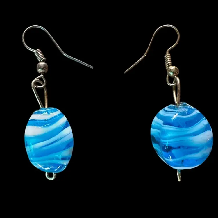 Vintage Blue And White Striped Art Glass Earrings