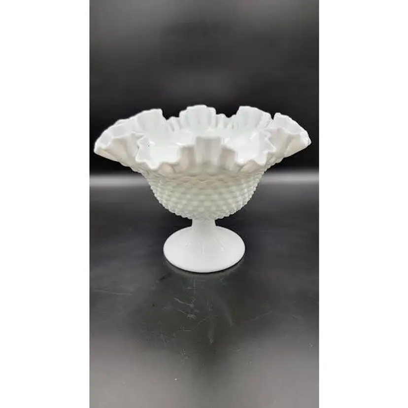 VINTAGE FENTON HOBNNAIL MILK GLASS PEDESTAL BOWL WITH RUFFLED EDGES