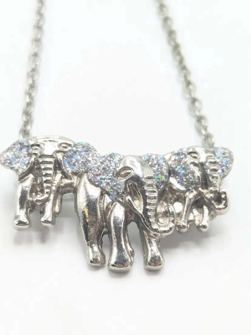 Elephant Trio Necklace Rhinestones Silver Tone