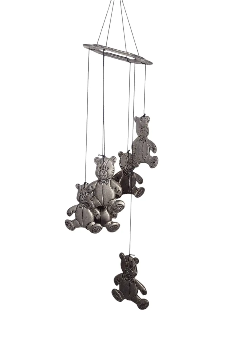Vintage Pewter Teddy Bear Hanging Wind Chimes Porch Decor Nursery