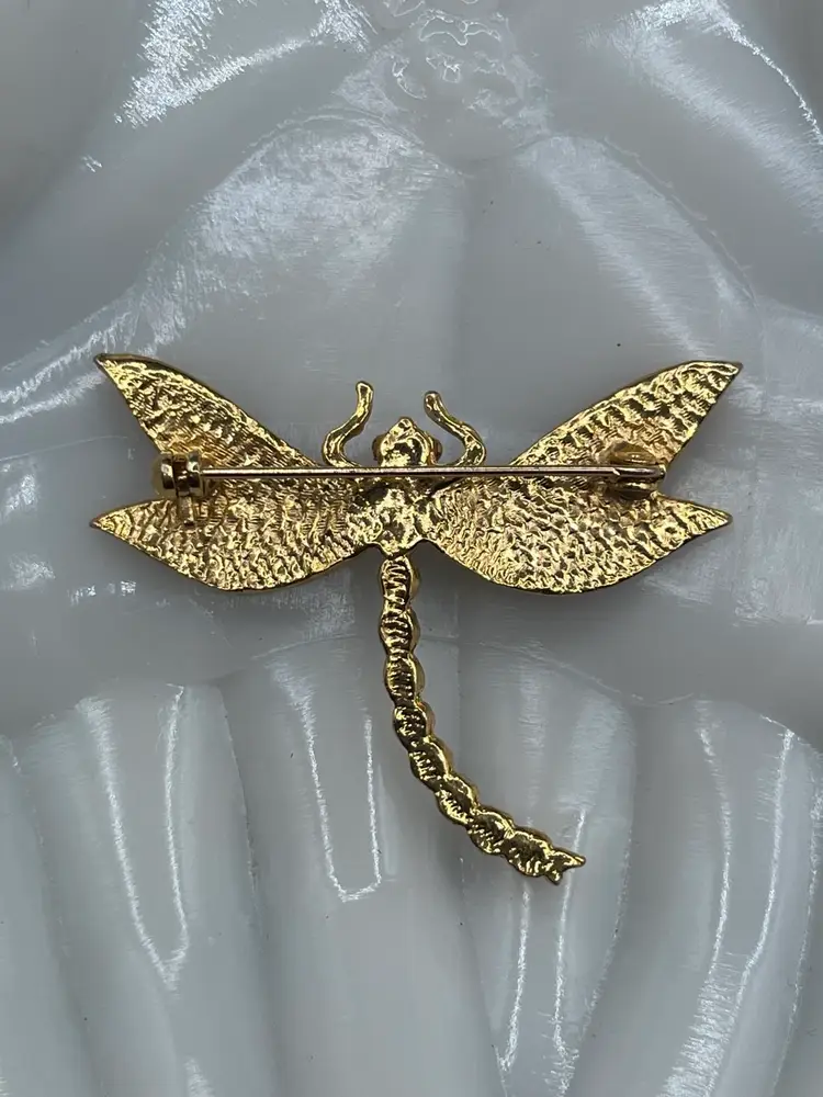#13 Vintage Gold Tone Black Red Enamel Wings & Rhinestone Accent Dragonfly Brooch 1.75”