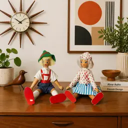 Vintage Wooden Peg Dolls Set Boy Girl Hand Painted Cloth Outfit Scandinavian Folk Style Toy MCM