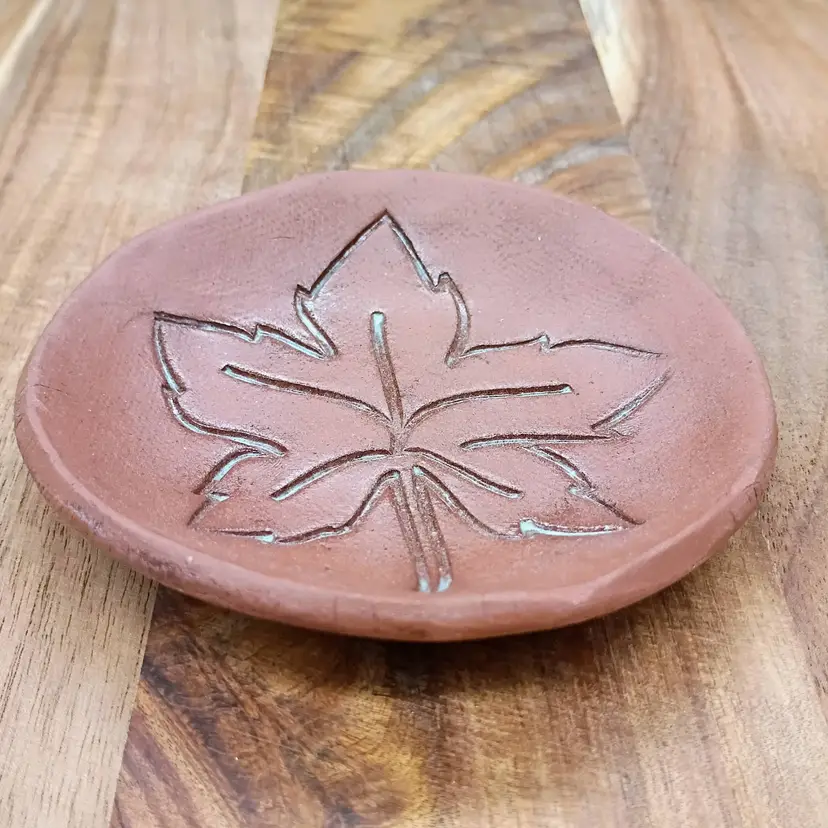 Back Porch Pottery Studio Terra Cotta Trinket Dish with Maple Leaf Design Signed Nancy Horton