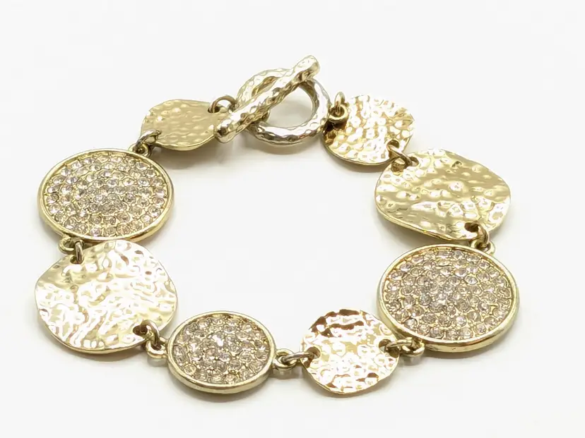 Gold Tone Rhinestones and Hammered Disc Bracelet