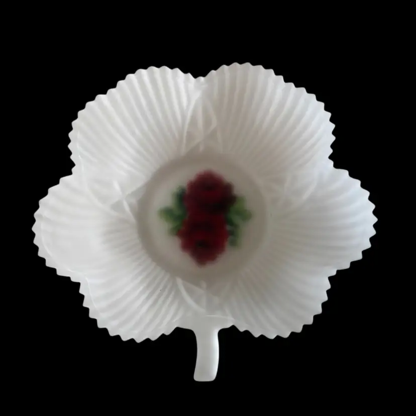 Vtg Federal Hand Painted Rose Satin/ Frosted Glass CLOVERLEAF Candy Nut Dish 6"