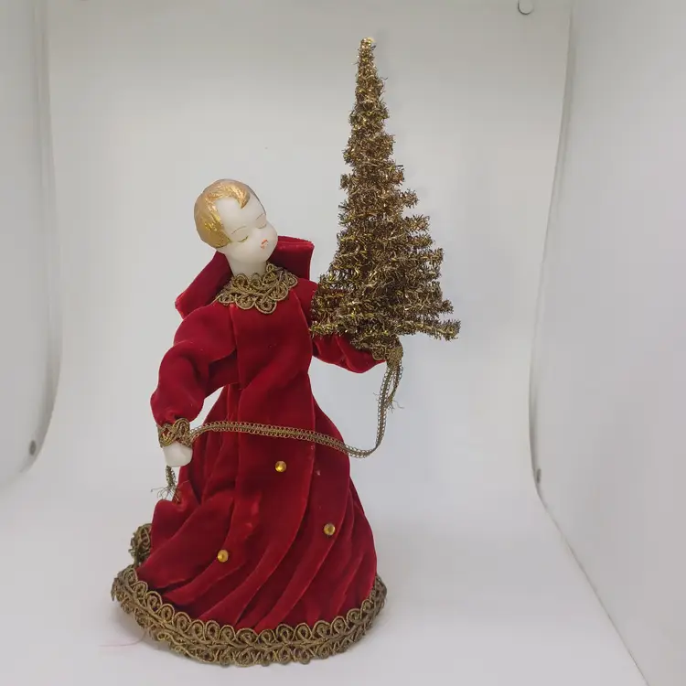 VTG Folkloric Angel  Koestel W. Germany Wax 8" Tree Topper Velvet Burgundy/Gold