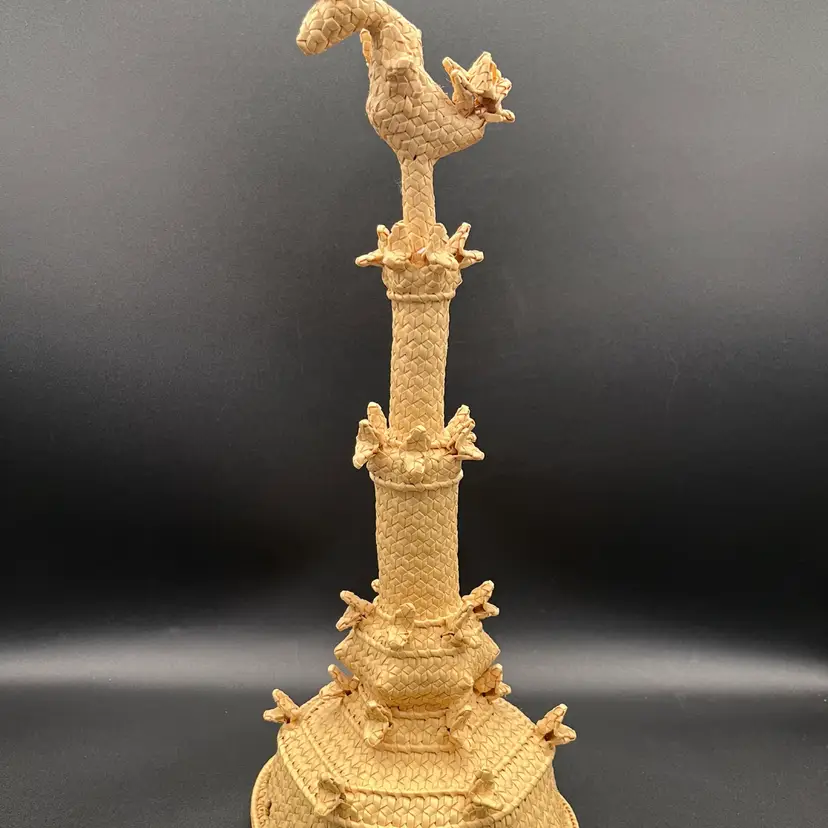 #03 Indonesian Tall Hand Woven Palm Leaf Decorative Folk Art Rooster Basketry Sculpture With Wide Base 14.5” 🐓
