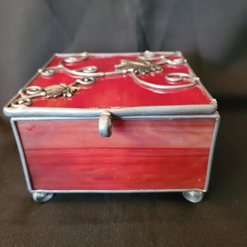 Red Stained Glass Trinket Box Footed w/Silver Metal Decor 3x4.25 inches