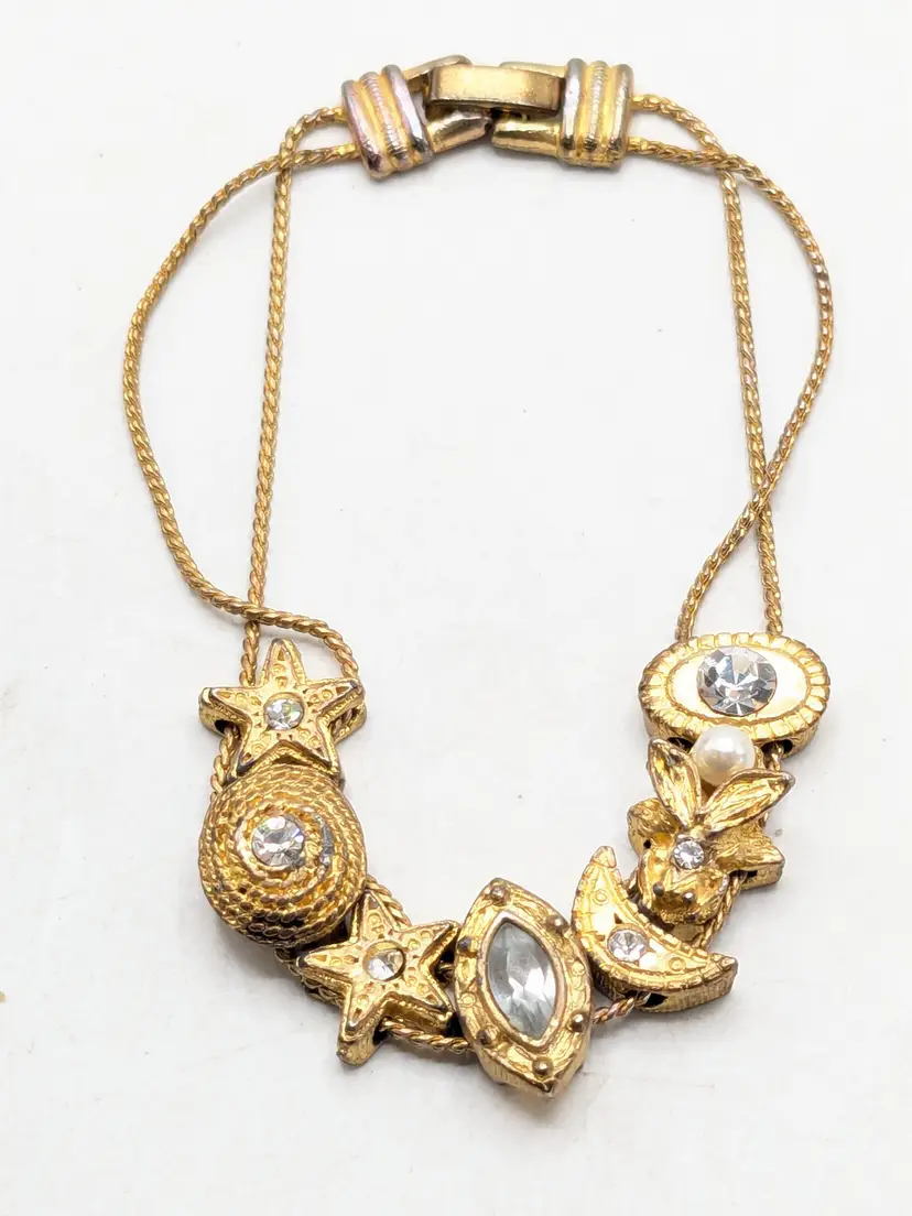 Vintage Gold Tone Slider Bracelet with Rhinestone Charms Stars Bee