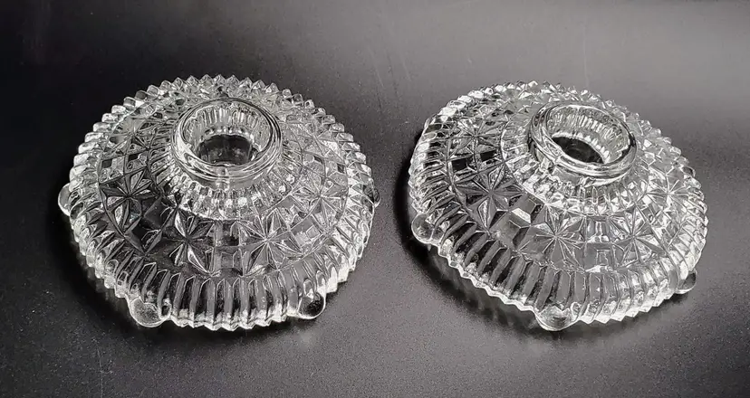 Vintage Anchor Hocking Stars & Bars Clear Glass Candlestick Holders Set of 2 EUC