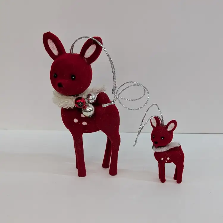 Vintage Red Flocked Standing Spotted Deer Christmas Ornaments 2" & 4.25" Tall