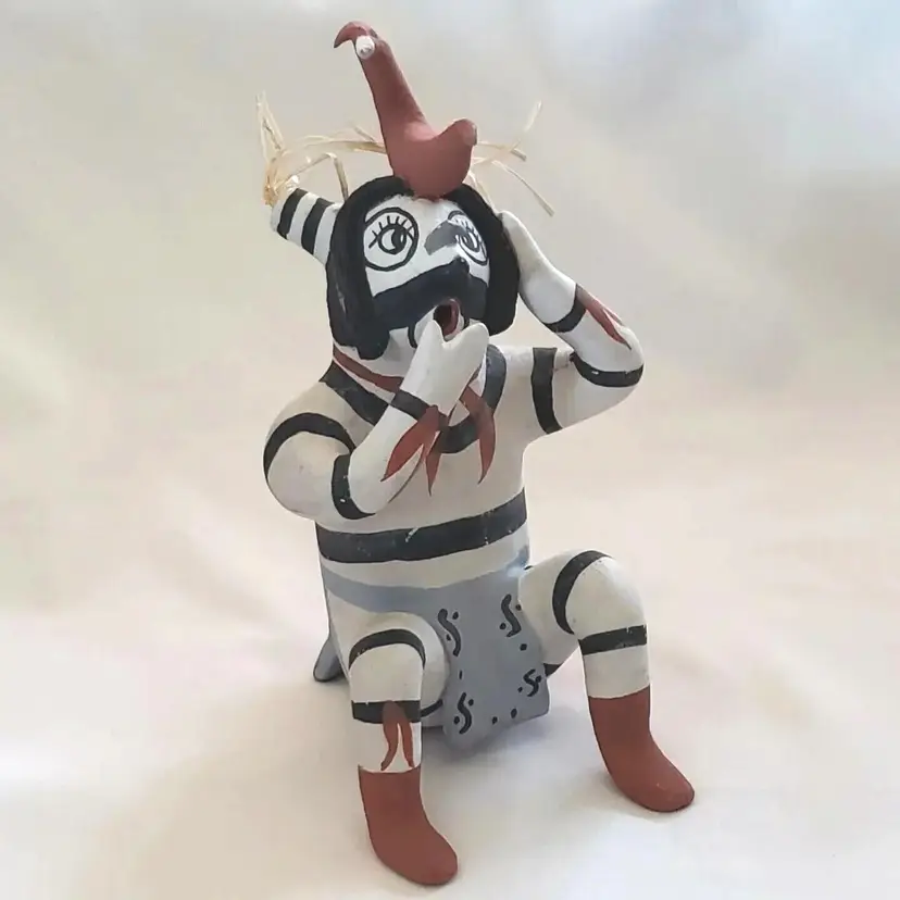 Storyteller Signed Chris Fragua Jemez Ceramic Figurine with Bird 6⅝" Tall Vintage