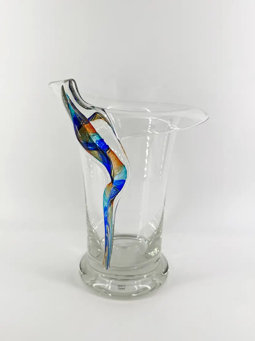 Handmade 10" Polish Glass Vase Cobalt Teal Orange Swirled Split Top Made In Poland