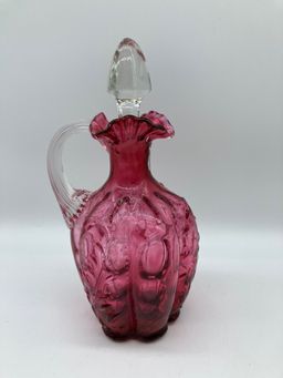 Vintage Cranberry Beaded Melon Vine Dot 3 ~ Way Spout W/Diamond Shape Stopper