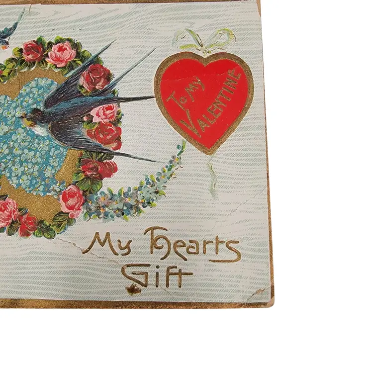 Antique German Valentines Day Postcard With Swallows Heart & Roses Design
