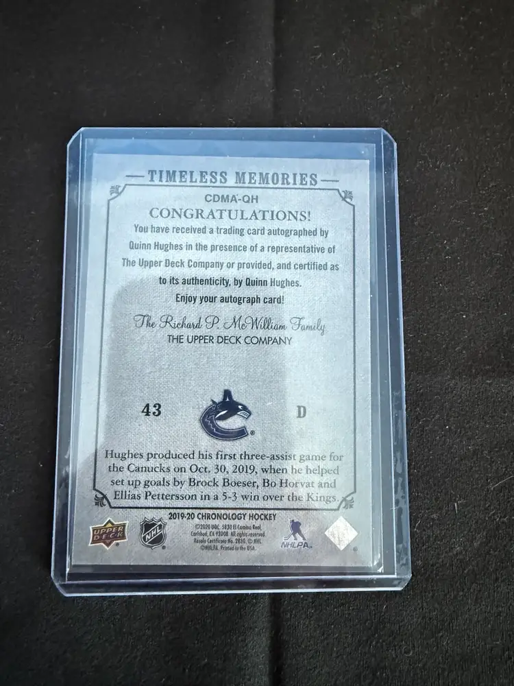 2019-20 Upper Deck Chronology Hockey Quinn Hughes Timeless Memories Auto