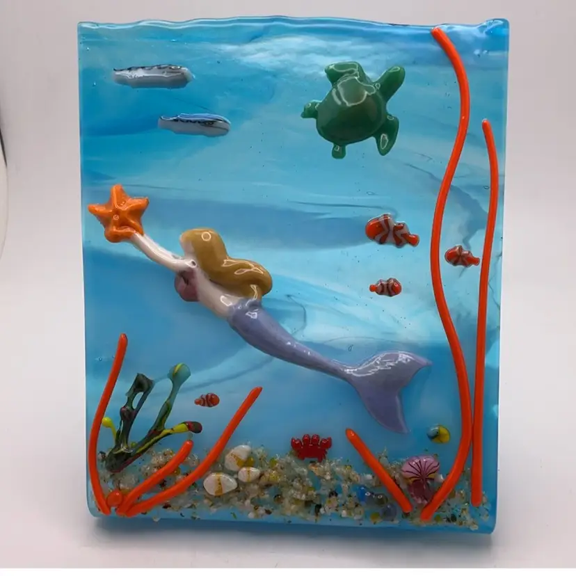 FFT Made by Me! Mermaid Fused Glass FREE STANDING Panel 5” x 5.5” x 2.25” 3D Ocean Theme Handcrafted Studio Art