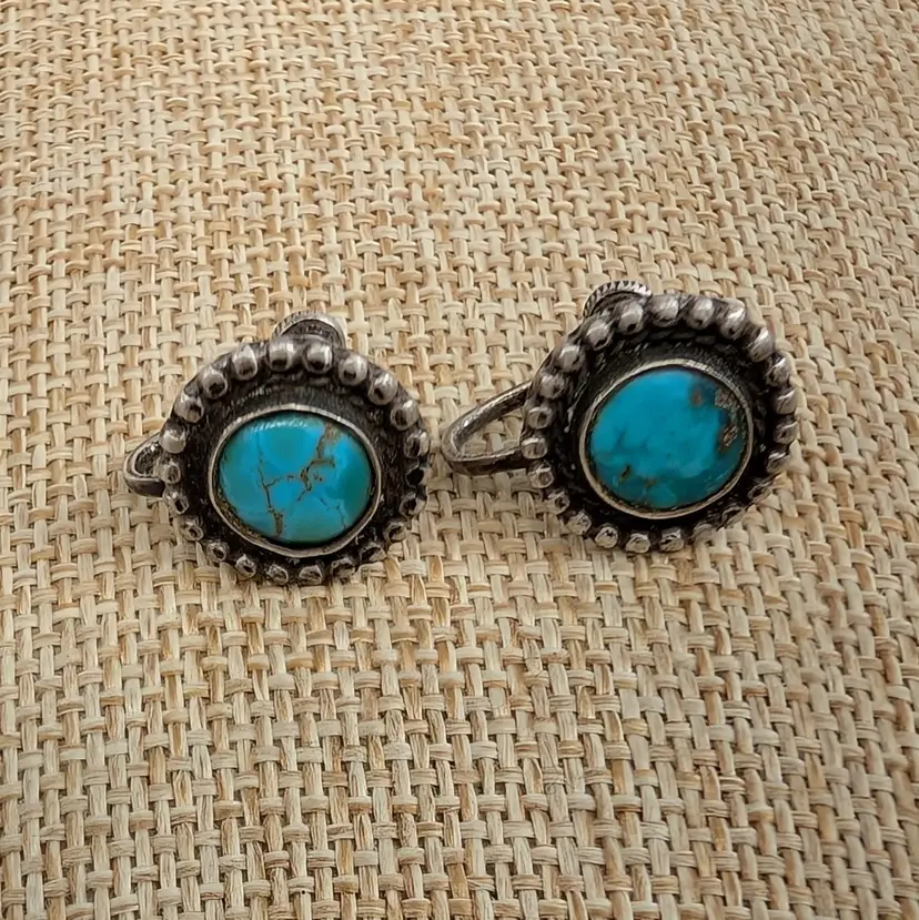 Vintage Sterling Silver & Turquoise Round Screw Back Earrings Dot Boarder Roping