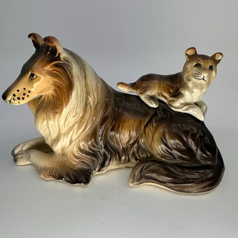 Vintage Collie & Puppy Ceramic Figurine Napco C5638